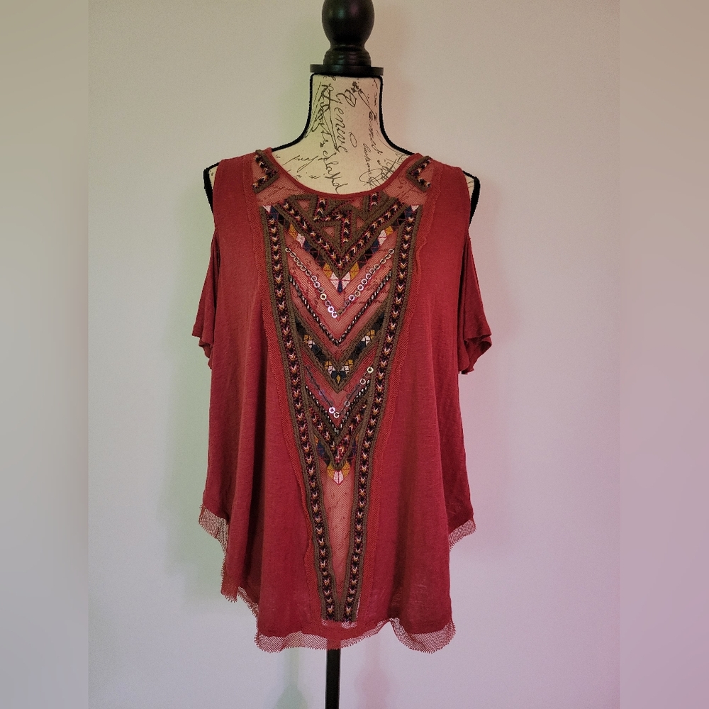 Free People Embroidered Cold Shoulder Boho Top With Mesh Detail Size XS